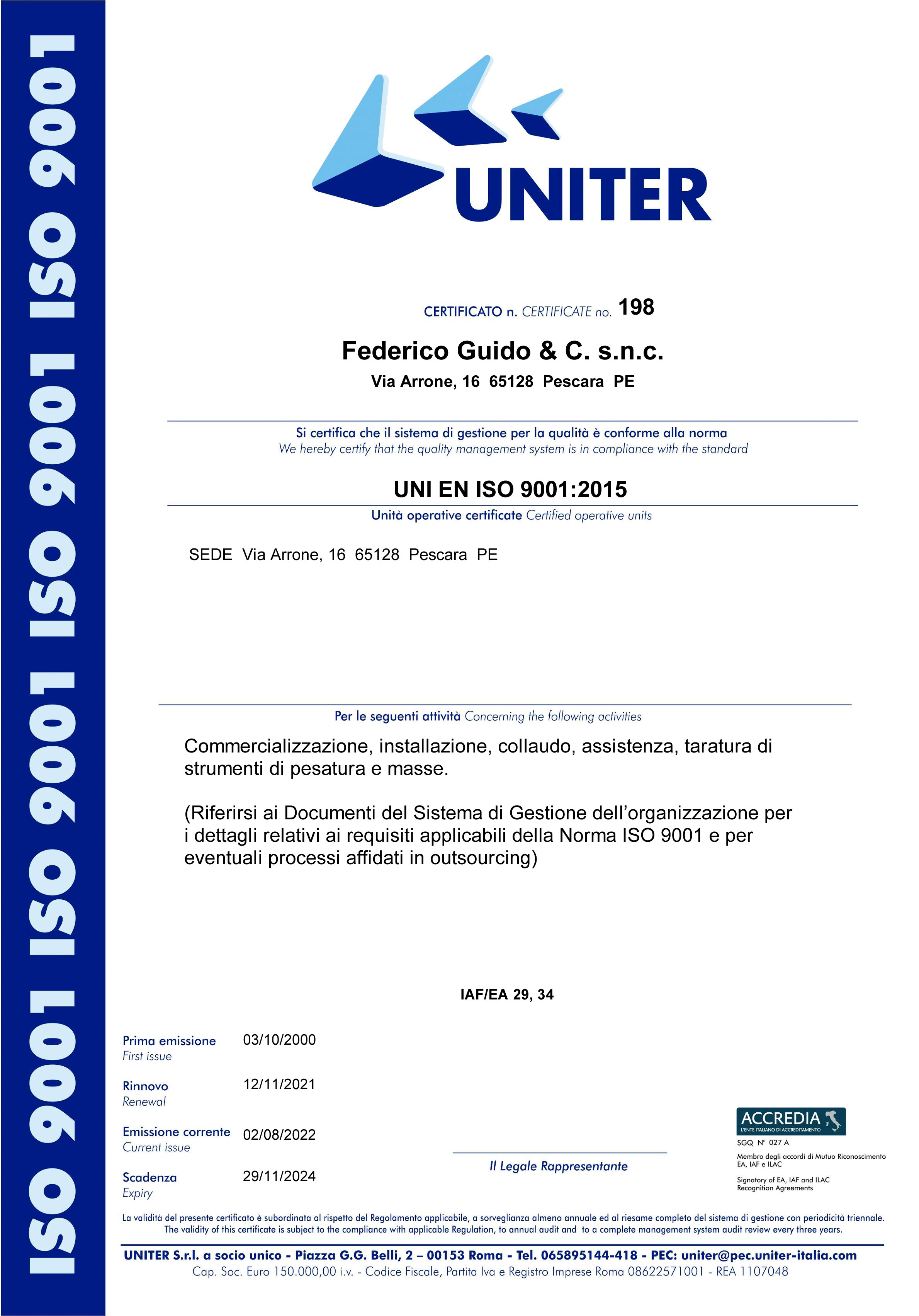 Certificato UNI EN ISO 9001 2015 aggiornato